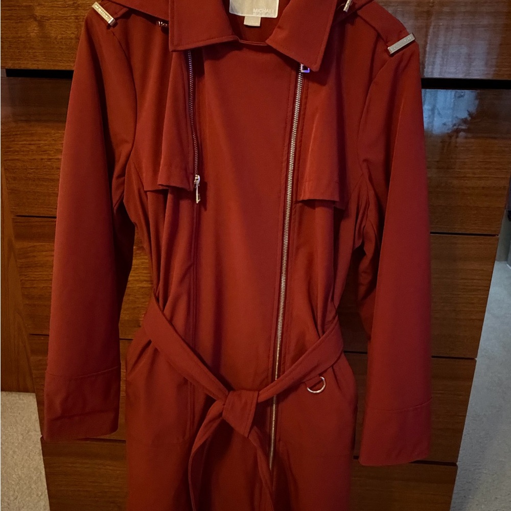 Michael Kors Asymmetrical Burnt Orange rain/fall/spring coat w/gold tone accents